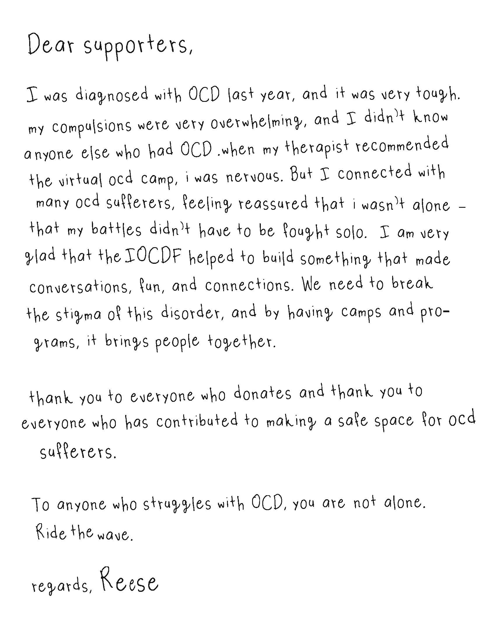 OCD Spring Appeal Reese Letter Image