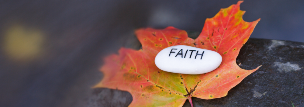 A rock with the words "Faith" on it sitting on a leaf.