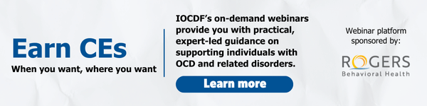 "Banner promoting IOCDF's on-demand webinars. Text reads: 'Earn CEs – When you want, where you want. IOCDF’s on-demand webinars provide you with practical, expert-led guidance on supporting individuals with OCD and related disorders.' A blue 'Learn more' button is centered below the description. On the right side, it says 'Webinar platform sponsored by: Rogers Behavioral Health' with the Rogers logo."