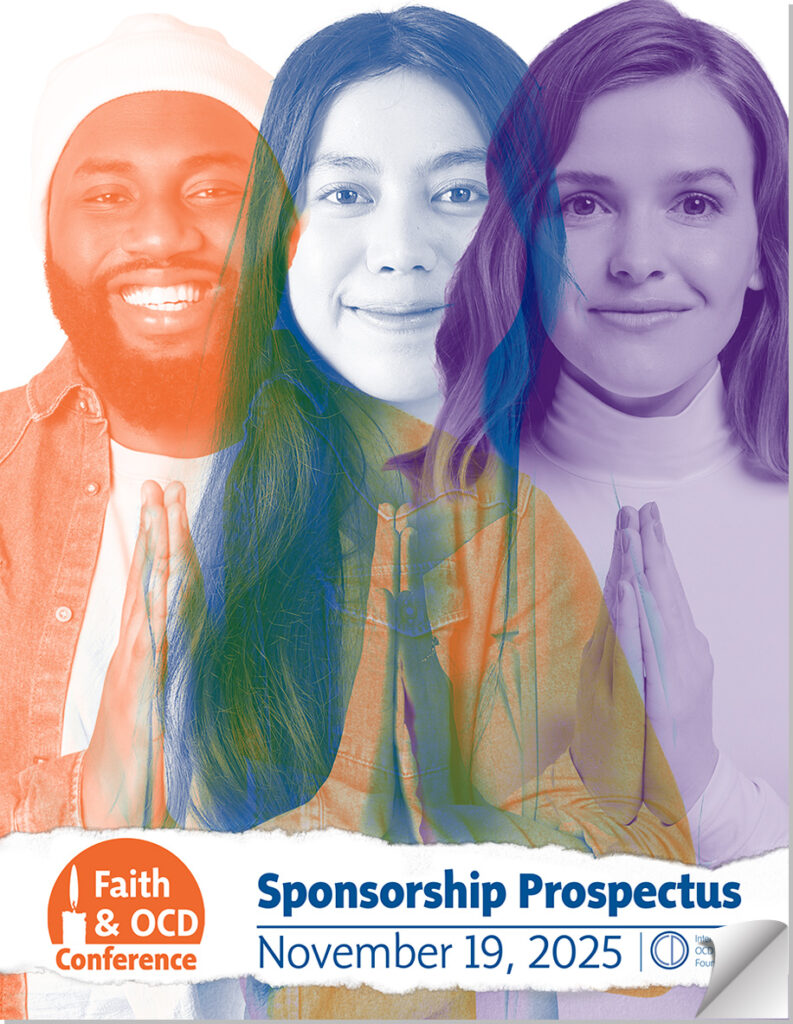 Three people with prayer hands transparently overlayed next to each other. The words "Faith and OCD: sponsorship prospectus November 19 2025" are on the lower part of the image.