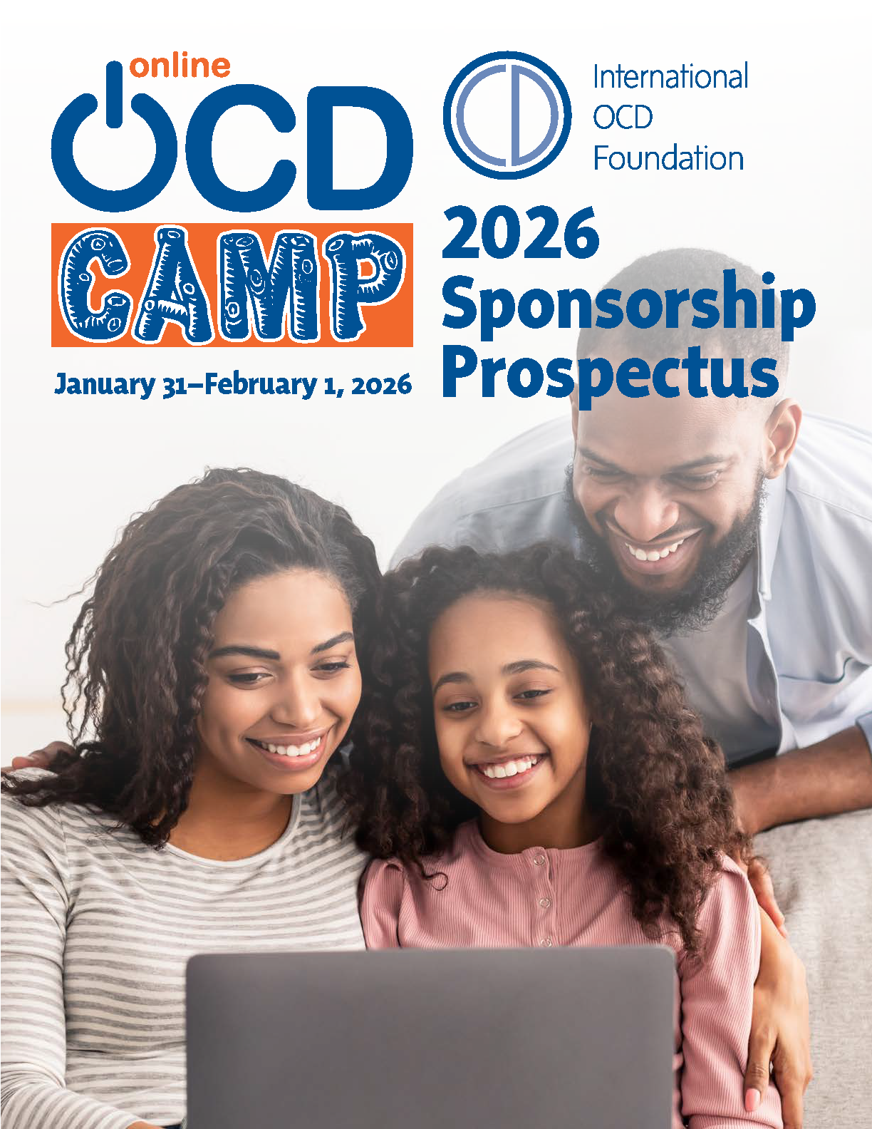 International OCD Foundation — Online OCD Camp, Jan 31–Feb 1, 2026: “2026 Sponsorship Prospectus” cover showing a smiling family gathered around a laptop.